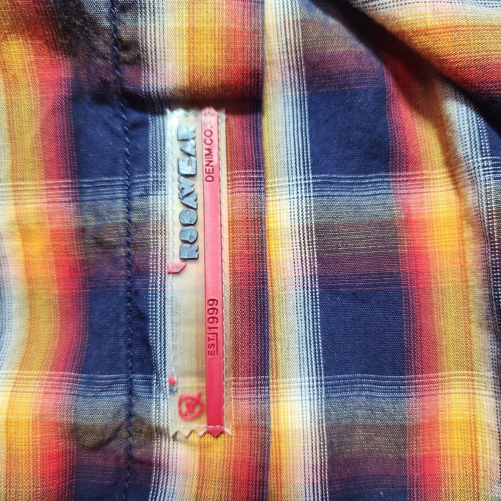 Rocawear Mens 2XL Plaid Button Up Shirt Blue Orange Yellow Long Sleeve Cotton - Picture 2 of 12